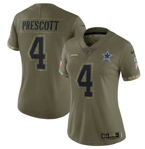 Women%27s Dallas Cowboys #4 Dak Prescott 2022 Olive Salute To Service Limited Stitched Jersey(Run Small) Dyin->women nfl jersey->Women Jersey